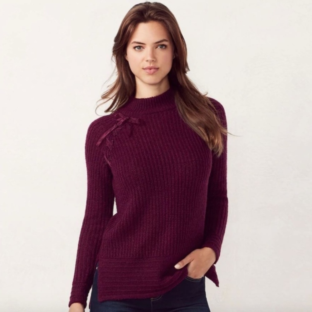 Lauren Conrad Wine Lace up tunic sweater NWT